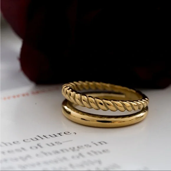 Double Layered Twisted Band Ring-Gold Vermeil Thin Bands Size 7 - Picture 2 of 7